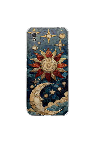 PrintiFy Redmi 9A ile Uyumlu Vitray Sol ve Luna Tasarımlı Şeffaf Silikon Kılıf