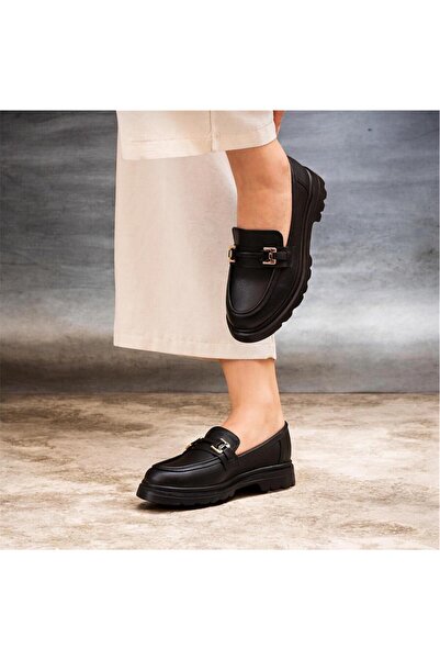 mersin md tekstil Women's Black Daily Buckle Loafer Casual Comfortable Full-Fit Ballet Flats