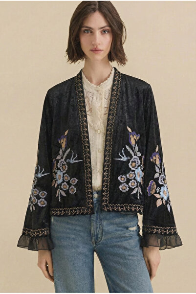 FEMELLE Kadın Siyah Nakışlı İşlemeli Kadife Kimono Ceket