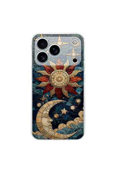 PrintiFy iPhone 17 Pro Max ile Uyumlu Vitray Sol ve Luna Tasarımlı Şeffaf Sil...