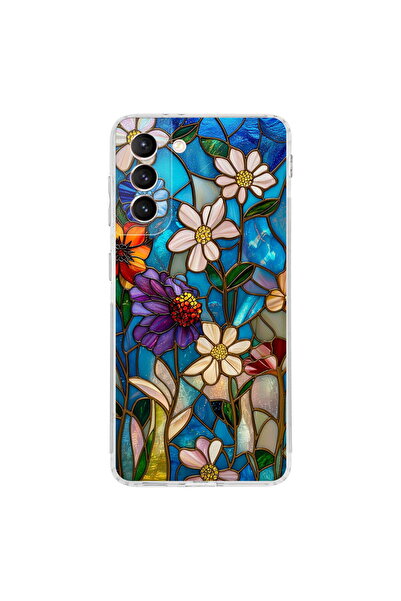 PrintiFy Samsung Galaxy S21 ile Uyumlu Vitray Mavi Bahar Tasarımlı Şeffaf Sil...