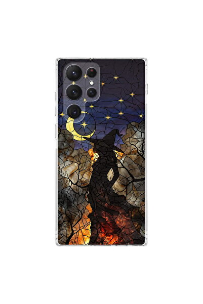 PrintiFy Samsung Galaxy S22 Ultra ile Uyumlu Vitray Cadı Saati Tasarımlı Şeff...