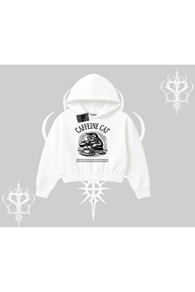 Tarzsokak Hanorac scurt cu glugă, cu imprimeu cu pisici tematice cu cafea, Ca...