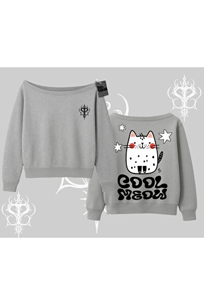 Tarzsokak Суичър с принт на котка на гърба и лодкаобразно деколте