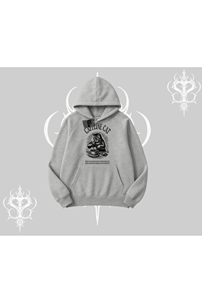 Tarzsokak سويت شيرت بقلنسوة كافيين كات كات بموضوع القهوة مطبوع