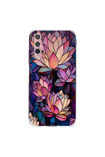 PrintiFy Huawei Nova 5T ile Uyumlu Vitray Sessiz Lotus Tasarımlı Şeffaf Silik...