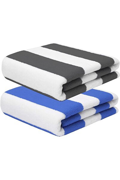 Fabienne 2-Pc Cotton Beach Towels 30x60 in Cabana Stripe Pool Bath Sheets Blu...