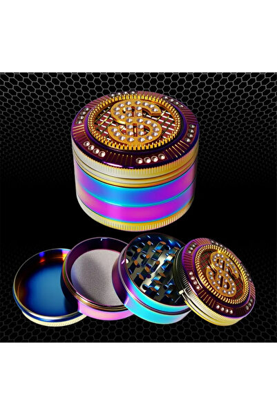 REKS Taşlı Dolar Figürlü 4 Katmanlı Metal Grinder Baharat Öğütücü Gökkuşağı Kaplama | Keskin Metal Dişler