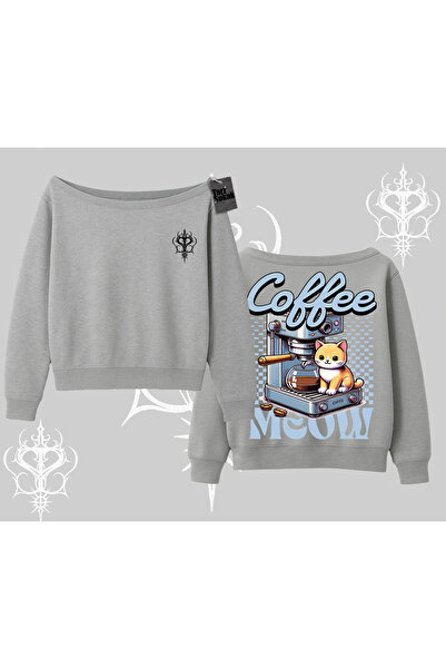 Tarzsokak سويت شيرت Coffee Meow ذو طابع القهوة على شكل قطة مطبوع برقبة على شك...