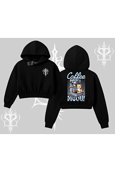 Tarzsokak Coffee Meow Hanorac scurt cu glugă, cu imprimeu pe spate cu tematic...