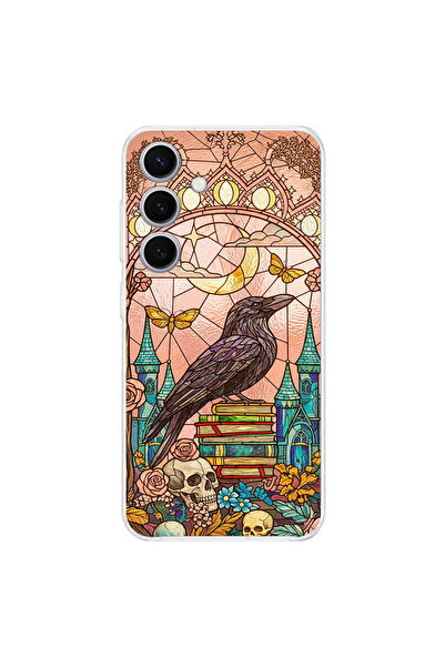 PrintiFy Samsung Galaxy S25 ile Uyumlu Vitray Bilge Kuzgun Tasarımlı Şeffaf S...