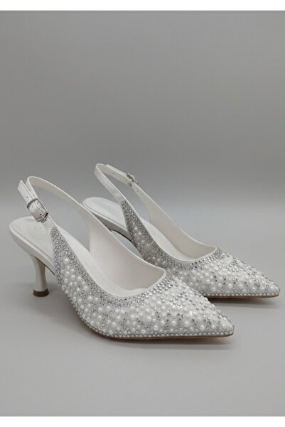ŞAH حذاء زفاف بكعب 7 سم مفتوح من الخلف مزين باللؤلؤ والأحجار الكريمة