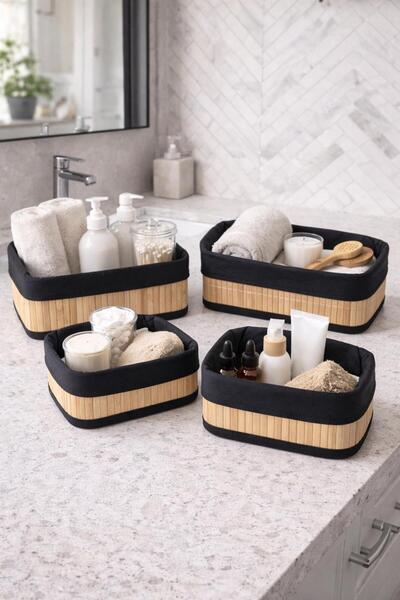 NEWNOW 4-Piece Bamboo Basket Set |   Fabric Decorative Organizer, Bathroom & Makeup Organizer, Natural Bamboo Baskets