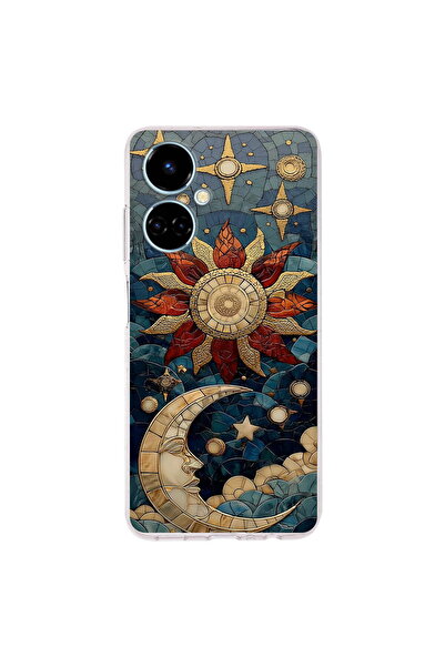 PrintiFy Tecno Camon 19 ile Uyumlu Vitray Sol ve Luna Tasarımlı Şeffaf Siliko...