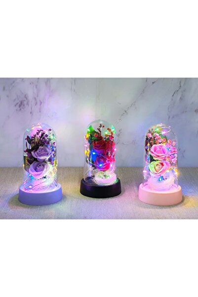 Store Işıklı Müzikli Romantik Fanus Tekli Gül 15x8,5 cm | Masa Üstü Dekor Hediye