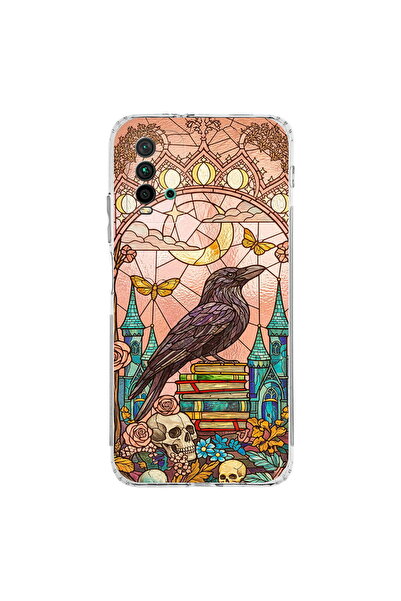 PrintiFy Redmi 9T ile Uyumlu Vitray Bilge Kuzgun Tasarımlı Şeffaf Silikon Kılıf