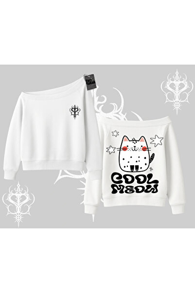 Tarzsokak Cool Meow Χαριτωμένο φούτερ με στάμπα γάτας στην πλάτη και λαιμόκοψ...