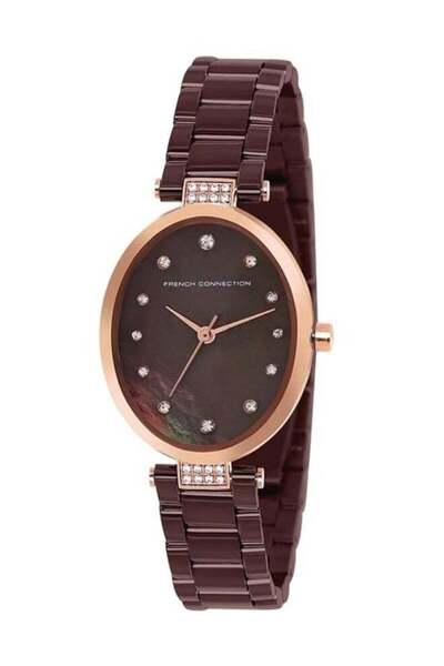 French Connection ساعة نسائية تناظرية بمينا أسود وسوار من الفولاذ المقاوم للص...