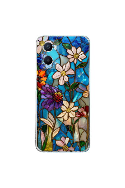 PrintiFy OPPO A96 ile Uyumlu Vitray Mavi Bahar Tasarımlı Şeffaf Silikon Kılıf