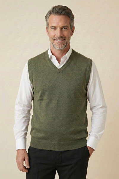nacar çarşı Erkek Baba Haki V Yaka Triko Süveter Klasik Kesim Yumuşak Dokulu