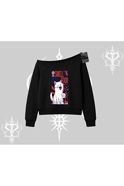 Tarzsokak Άρωμα φρέσκου φαγητού Φούτερ με στάμπα γάτας και λαιμόκοψη καγιάκ