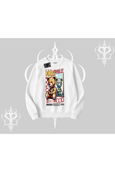 Tarzsokak سويت شيرت بيسكيلت برسومات تيدي بير بابتسامة مزيفة مطبوع