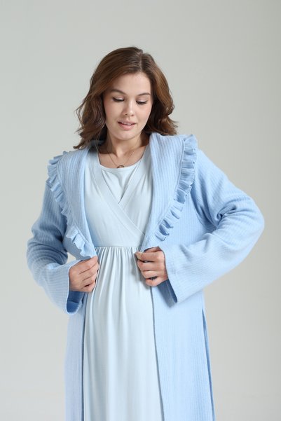 Rimel Homewear Ruffle Detailed Long Maternity Dressing Gown and Nursing Compatible Nightgown Set