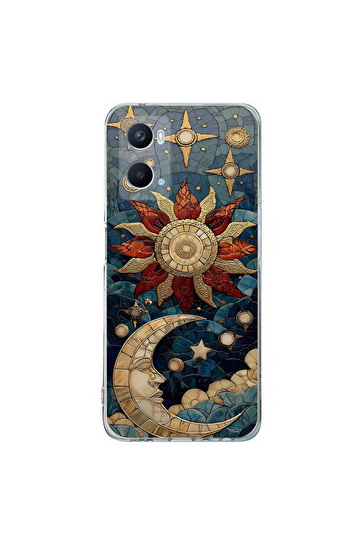 PrintiFy OPPO A96 ile Uyumlu Vitray Sol ve Luna Tasarımlı Şeffaf Silikon Kılıf