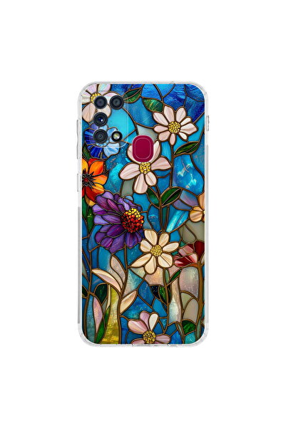 PrintiFy Samsung Galaxy M31 ile Uyumlu Vitray Mavi Bahar Tasarımlı Şeffaf Sil...