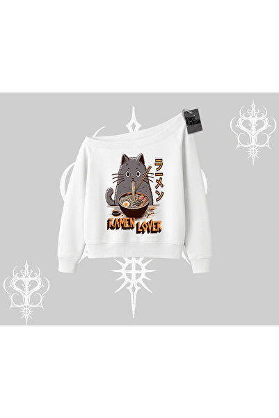 Tarzsokak Hanorac cu gâtul rotund Ramen Lover Cat Anime imprimat