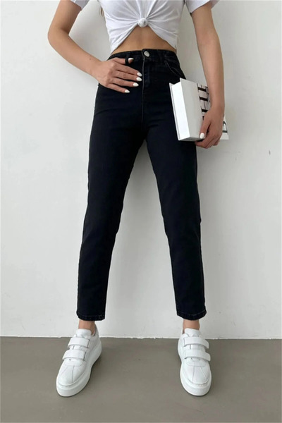 kleshus Black Mom Women's High Waist Stretch Fabric Mom Jeans Pants Sny-1