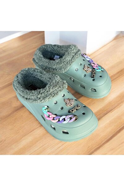 AkınalBella Women's Pastel Green Stone Fur-Lined Slippers