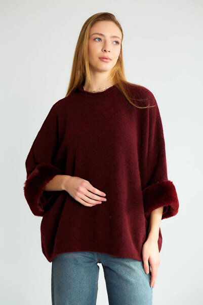 Robin T95154 Bisiklet Yaka Oversize Kollar Kürklü Kadın Triko Kazak