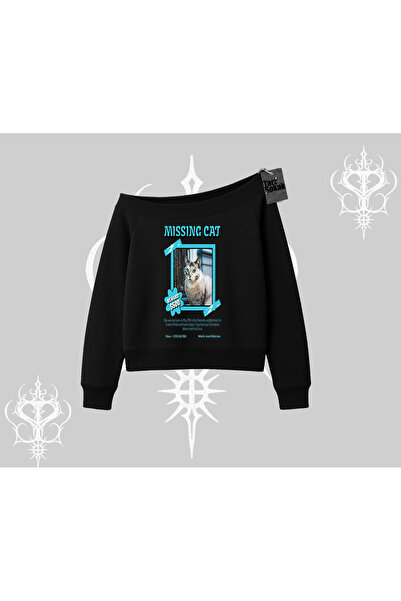 Tarzsokak Hanorac cu imprimeu Missing Cat, cu guler tip barcă