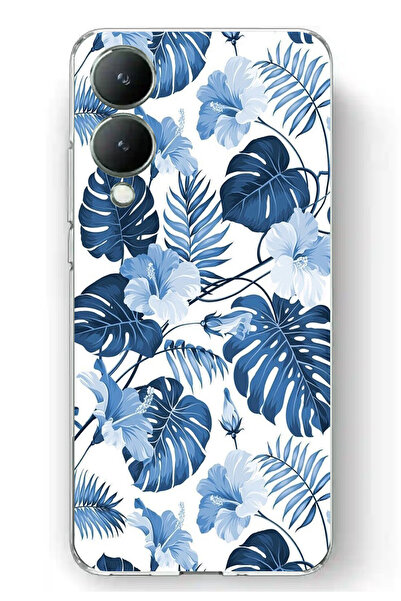 TechTree حافظة سيليكون مطبوع متوافقة مع Vivo Y17s بنمط أوراق الشجر الزرقاء وا...