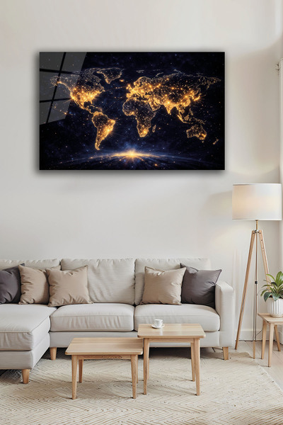 B&G DESIGN Işıklar İçinde Dünya Haritası Dekoratif Cam Tablo Hediyelik Tablo Ev Ofis Dekoru