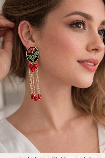 Lovecharm Gold Color Dangle Women's Earrings with Red Flower Figure