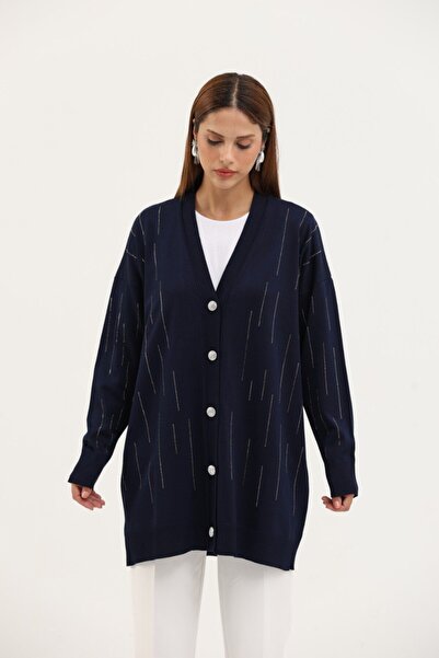 CELTMODA Women's Stone Embroidered Buttoned Mercerized Cardigan - Navy Blue