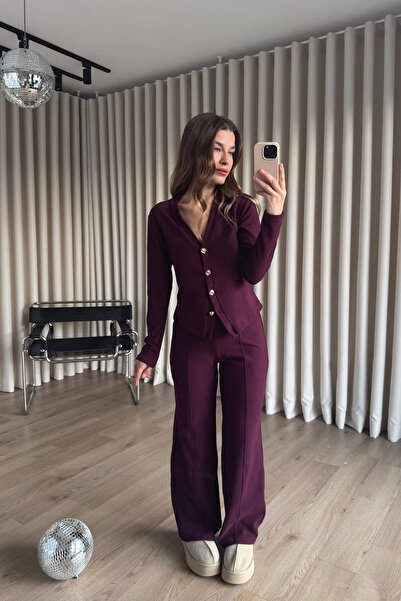 Sue Store Plum Gold Buttoned Blouse Pants Soft Touch Set