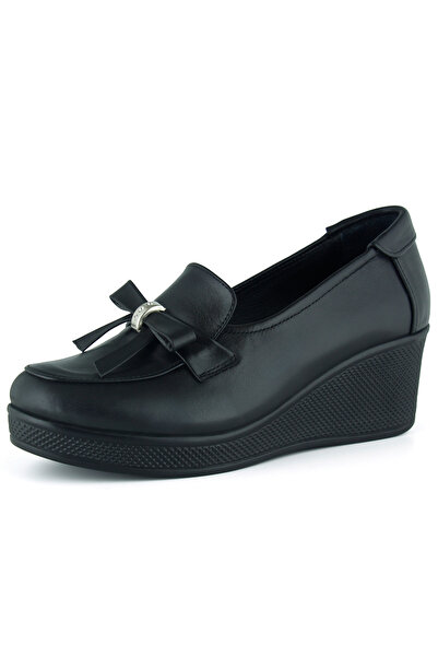 Erkan Saçmacı Emma Black Genuine Cowhide Leather Bow Round Toe Wedge Heel Casual Shoes