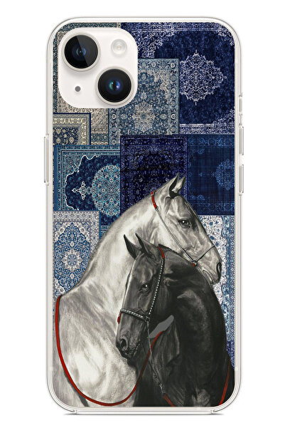 TechTree iPhone 13-14 Uyumlu Mavi Kilim Desenli Siyah ve Beyaz At Baskılı Sil...