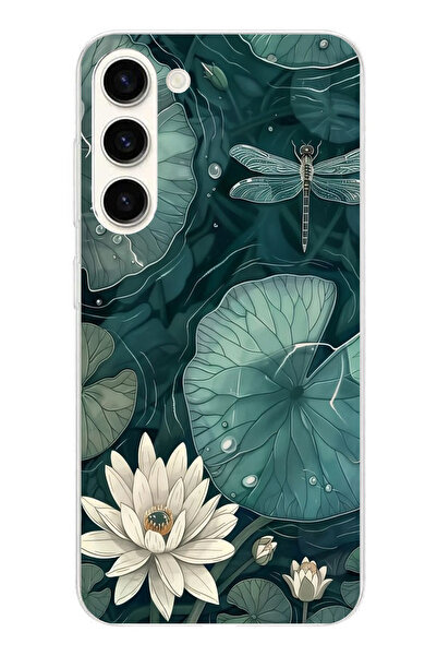 TechTree حافظة سيليكون متوافقة مع هاتف سامسونج جالاكسي S25 بلس على شكل زهرة اللوتس واليعسوب مطبوع