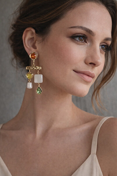 POSEİDONS JEWELLERY Gold Dangle Women's Earrings with Colorful Stone Detail |...