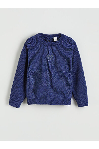 LC Waikiki Lcw Kids Navy Blue Heart Embroidered Girls' Knit Sweater