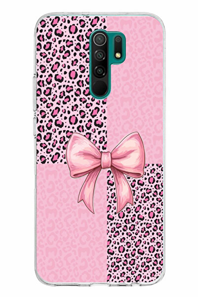 TechTree حافظة سيليكون متوافقة مع هاتف Redmi 9 بنمط الفهد الوردي وشريط مطبوع