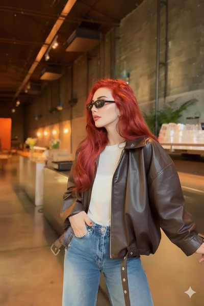 Orions Collection سترة جلدية من Luvren Bitter Brown Trend قصة فضفاضة مزودة بحزام