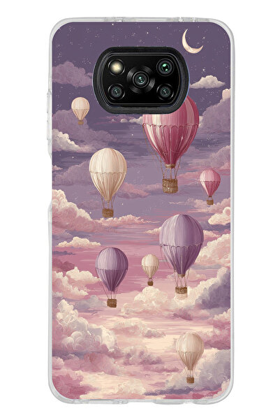 TechTree Poco X3-X3 PRO-NFC Uyumlu Mor Gökyüzü ve Uçan Balon Baskılı Silikon ...