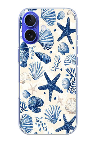 TechTree حافظة سيليكون مطبوع متوافقة مع هاتف iPhone 16 بنمط صدفة البحر الزرقا...