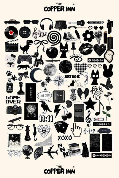 The Copper Inn 96 Adet Siyah Black Aesthetic Sticker Seti Scrapbook Ajanda Bu...