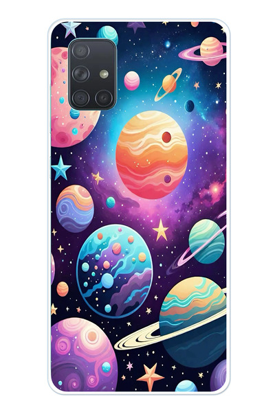 TechTree حافظة سيليكون مطبوع متوافقة مع هاتف سامسونج جالاكسي A71 بنمط الفضاء والكواكب والنجوم
